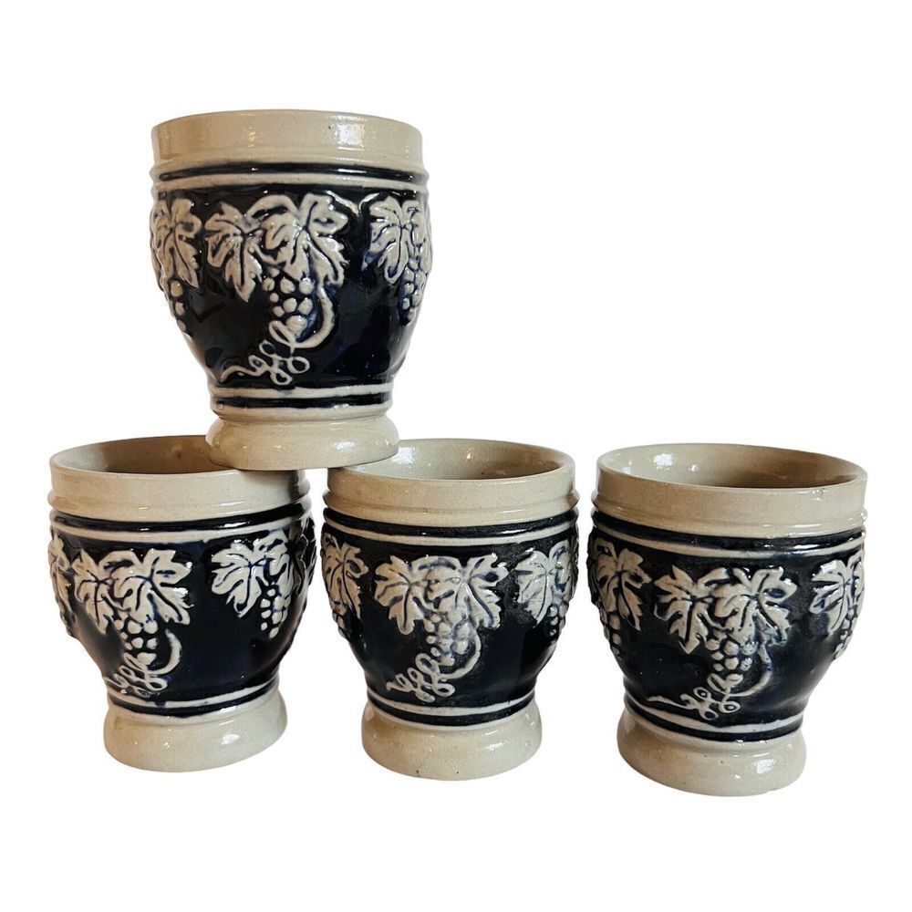 4 German Stoneware Salt Glazed Blue Gray Wine Cups Grapes Marzi Remy Pottery